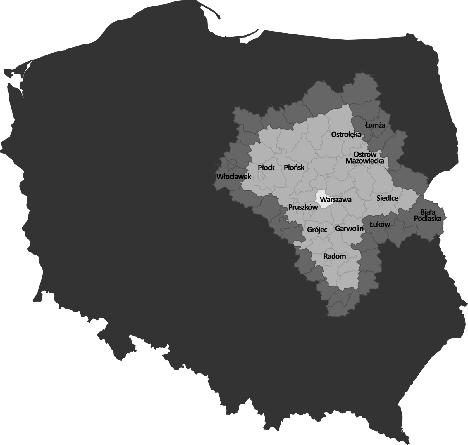 Mapa Polski gdzie siatka na balkon z montażem jest możliwa do realizacji: Warszawa, Mińsk Mazowiecki, Siedlce, Pruszków, Piastów.