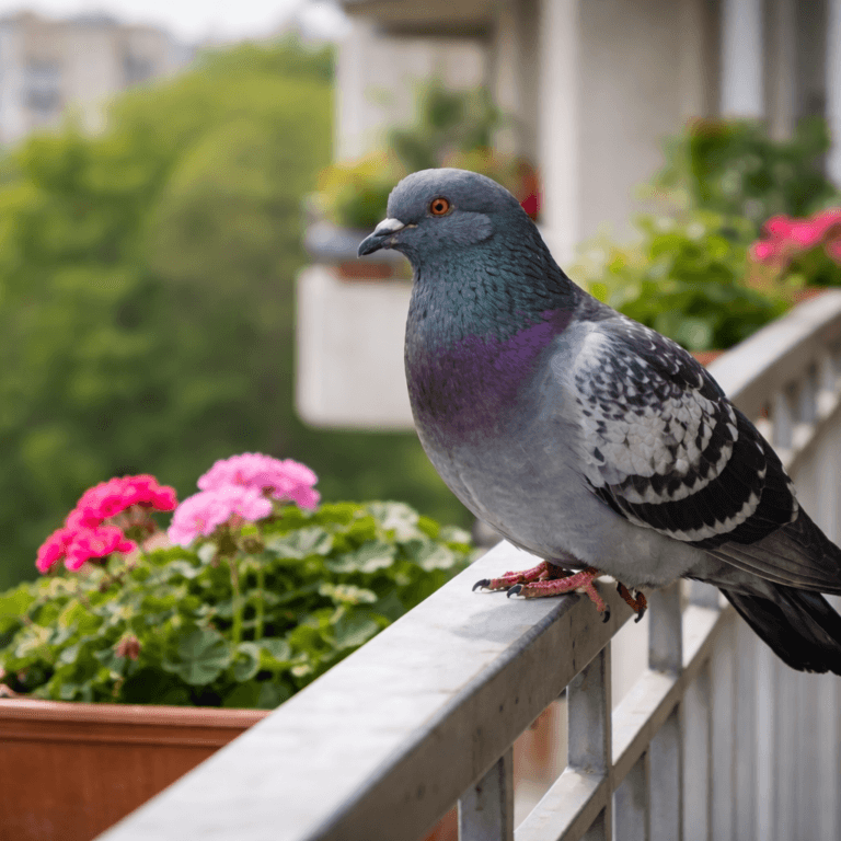 Gołąb siedzący na metalowej barierce balkonu z kwiatami w tle
